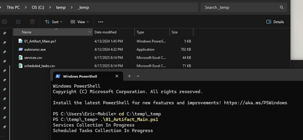 The artifact collector running in PowerShell on the target host, writing services and scheduled task CSVs into a working folder