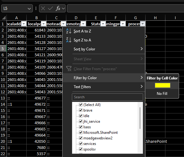 Excel filter dropdown on a target worksheet with Filter by Color selected, showing the yellow highlight option