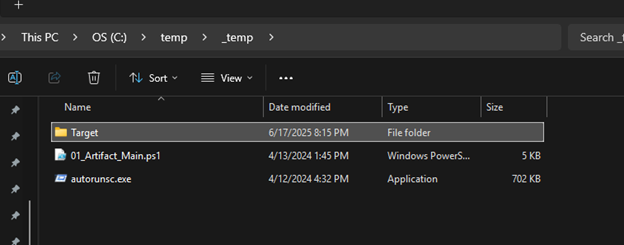 The generated Target folder alongside the collector script and autorunsc.exe on the target host